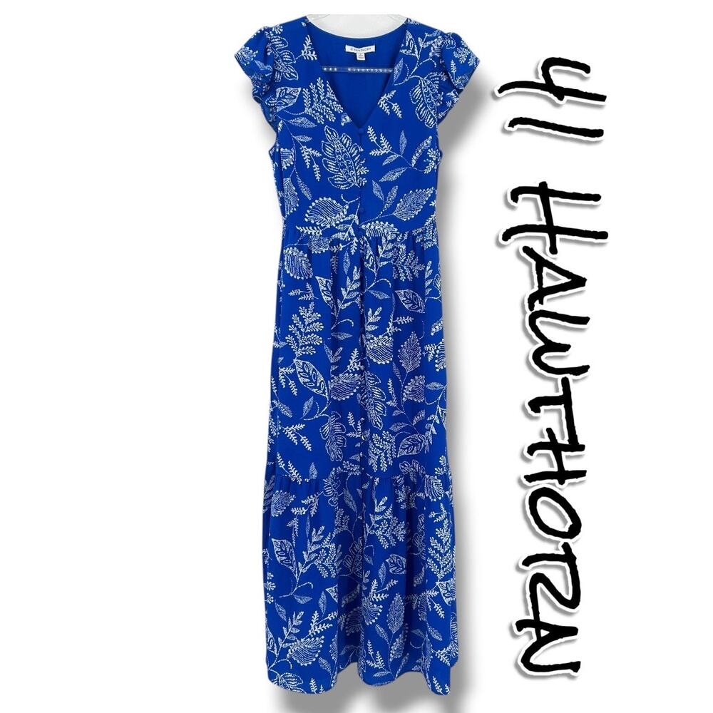41 Hawthorn Rafa Maxi Dress Blue Floral Petite S Boho Flutter Sleeve Flowy